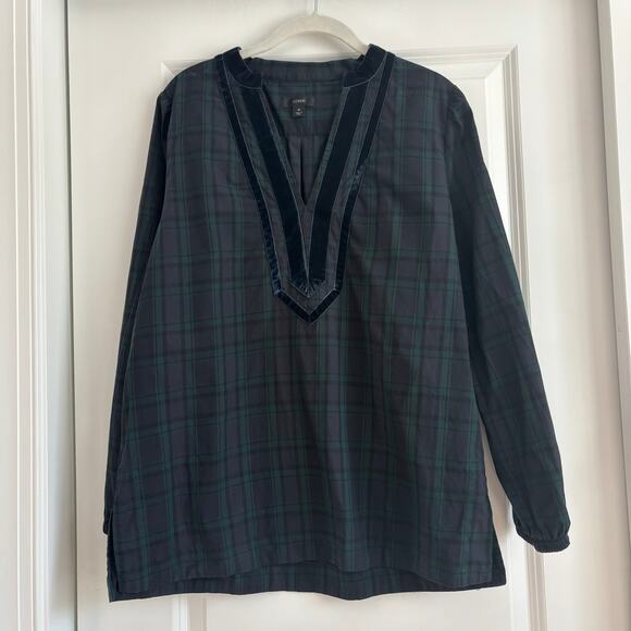 J crew Women’s Velvet-trimmed V-neck tunic in Black Watch Tartan Holiday M - Picture 2 of 10
